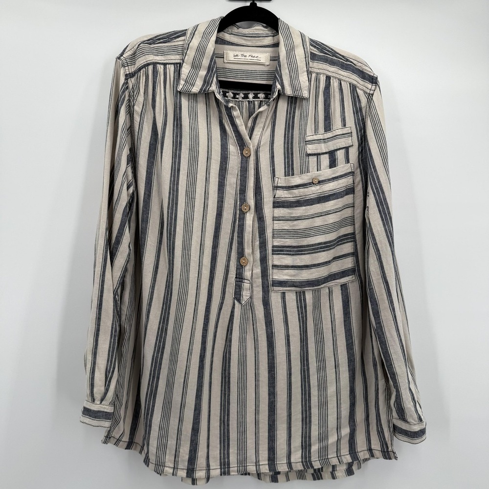 We The Free Shirt Womens Small Beige Blue Stripe‎ Henley Tunic Boho Casual